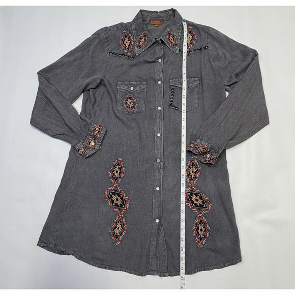 Scully Shirt Womens Medium Gray Western Aztec Embroidered Pearl Snap Long Sleeve - Picture 3 of 9
